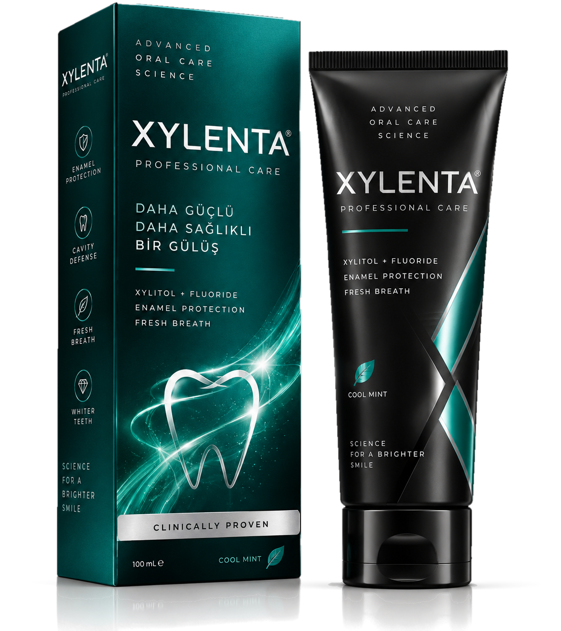 Xylenta Cool Mint diş macunu: zümrüt yeşili karton kutu ve siyah tüp